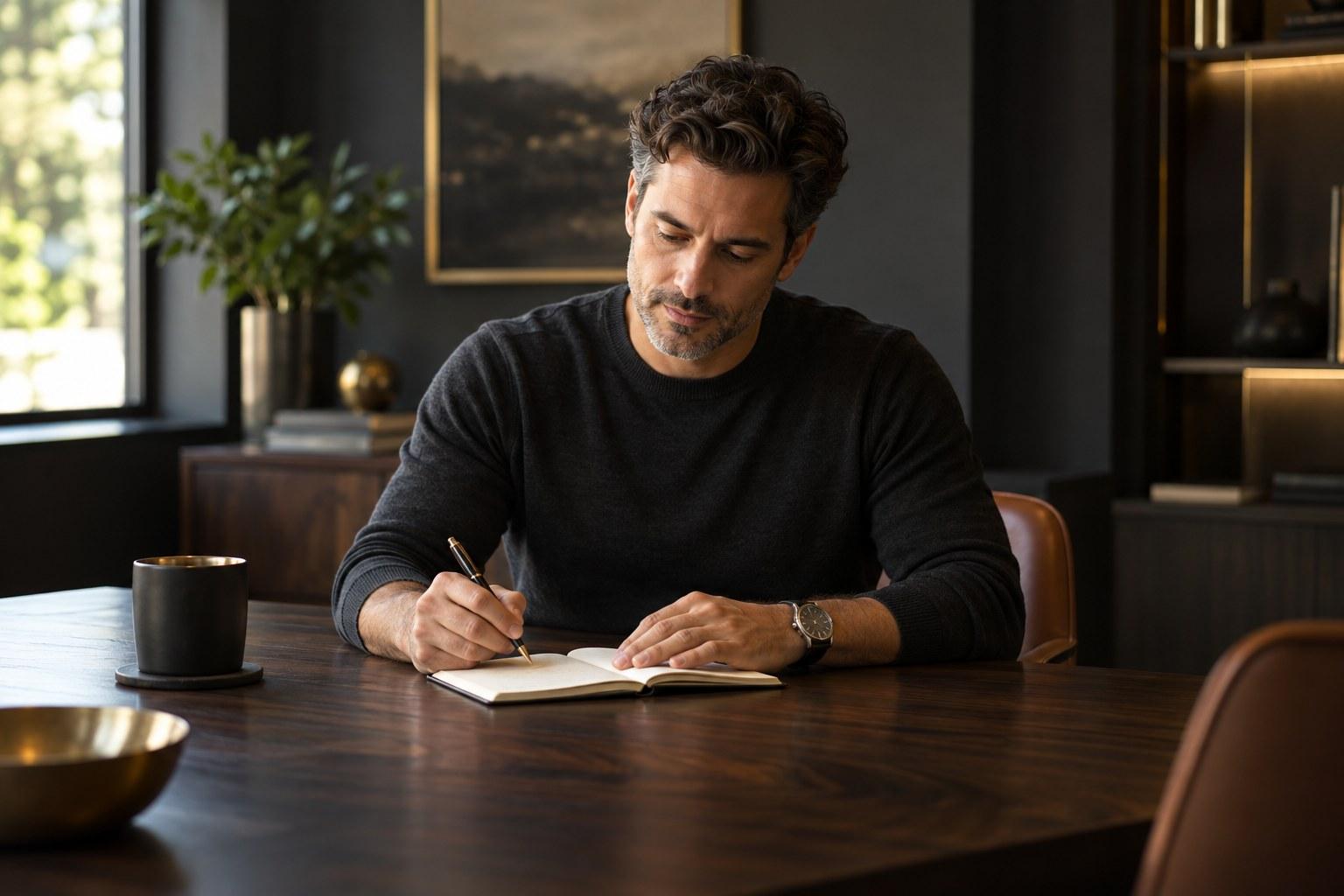 Man reviewing a notebook at a dark wood table in a warmly lit room.
