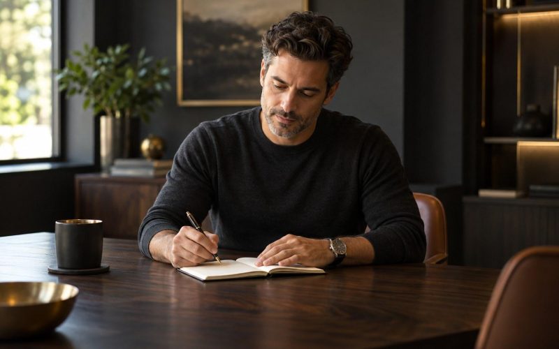 Man reviewing a notebook at a dark wood table in a warmly lit room.