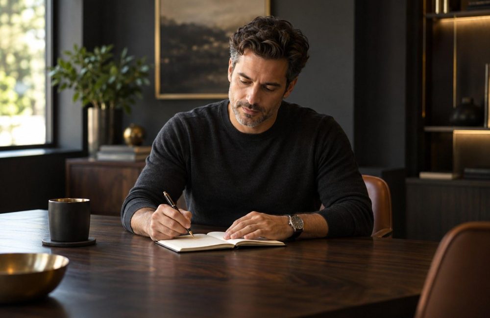 Man reviewing a notebook at a dark wood table in a warmly lit room.