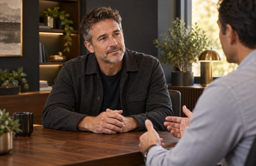 Man listening to another person across a walnut table in a warmly lit office.